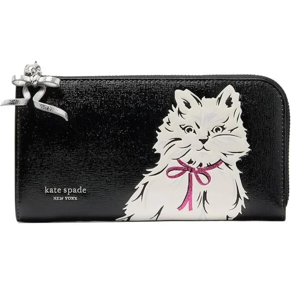 Kate Spade Whiskers Saffiano Leather Zip Around Continental Wallet White Cat Bow - Picture 4 of 7